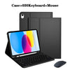 A black detachable wireless keyboard case and mouse shown next to an iPad.