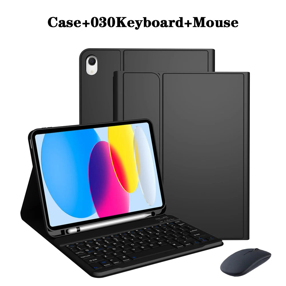 A black detachable wireless keyboard case and mouse shown next to an iPad.