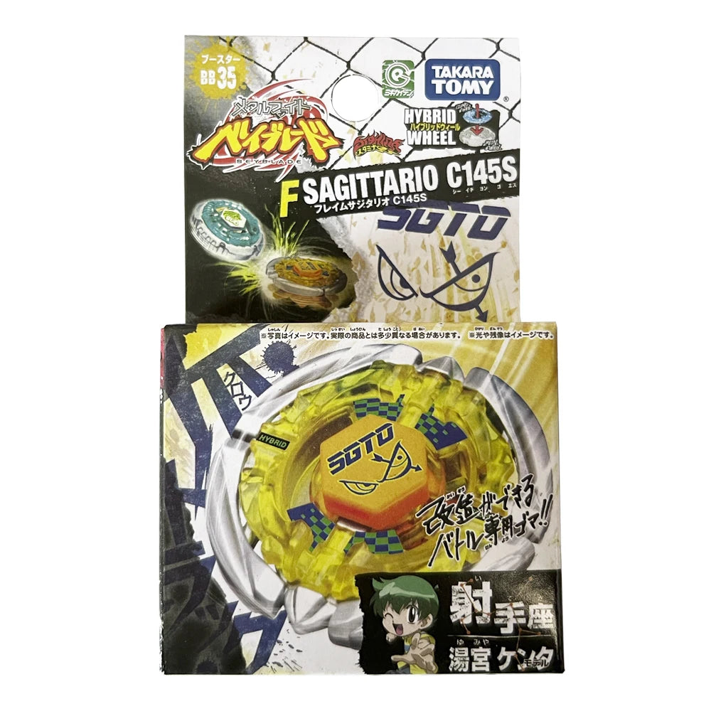A box of Sagittario C145S hybrid spinning top battle toy featuring a yellow and black design.