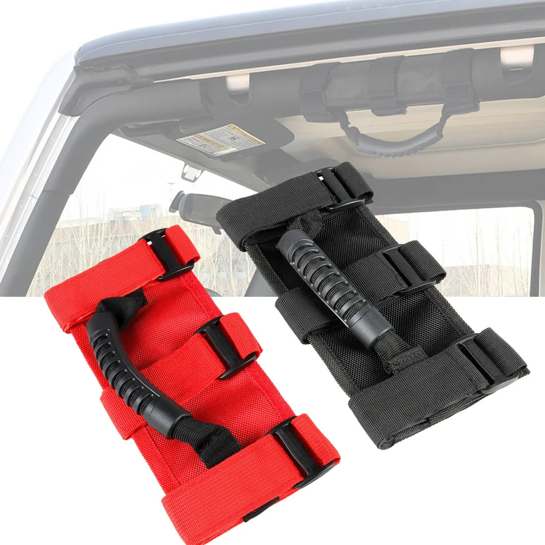 Red and black non-slip Oxford roll bar grab handles for Jeep Wrangler roll bars