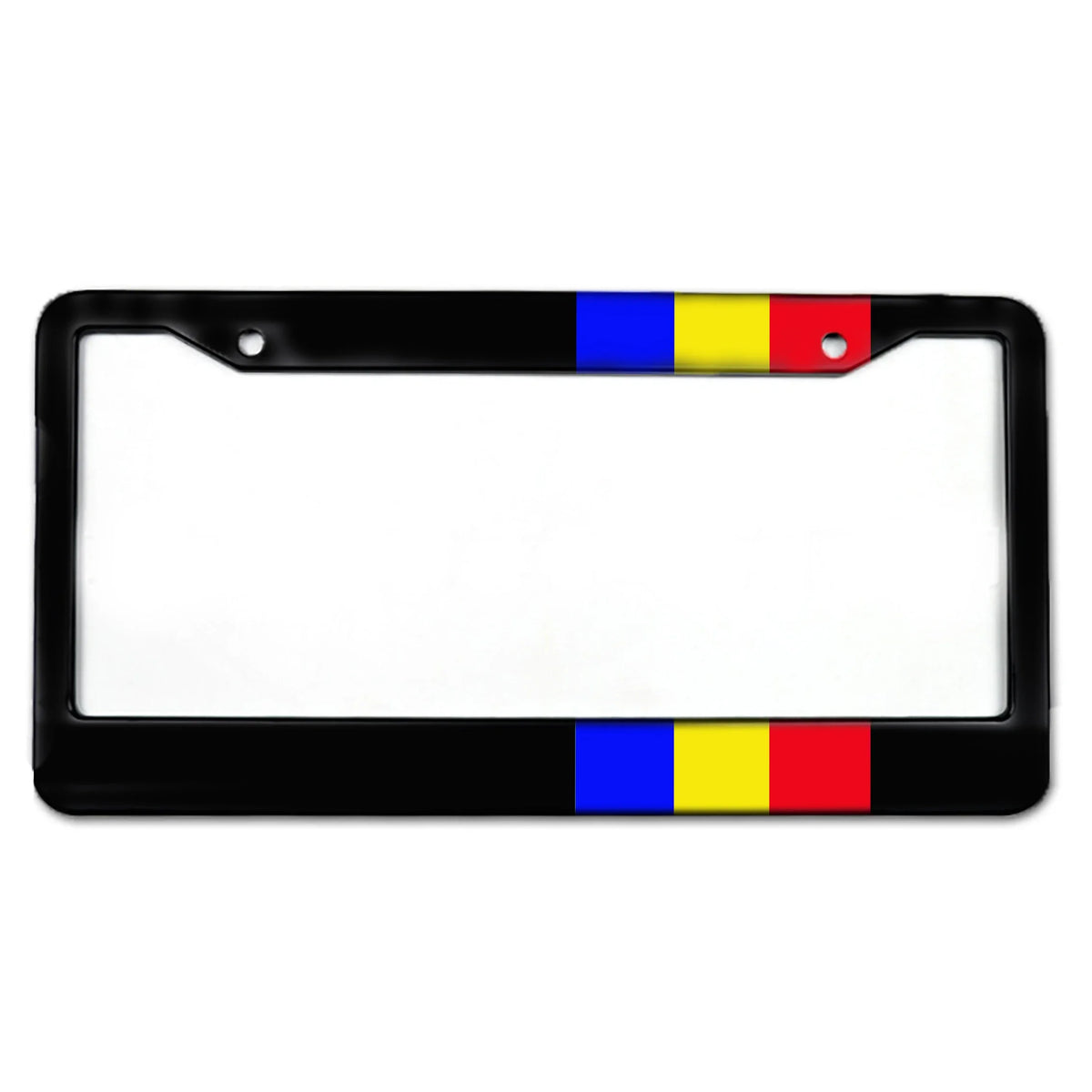 Black aluminum license plate frame with blue and yellow stripes.