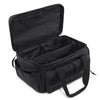 Black heavy duty tool bag with a lid open showing interior organization and a shoulder strap