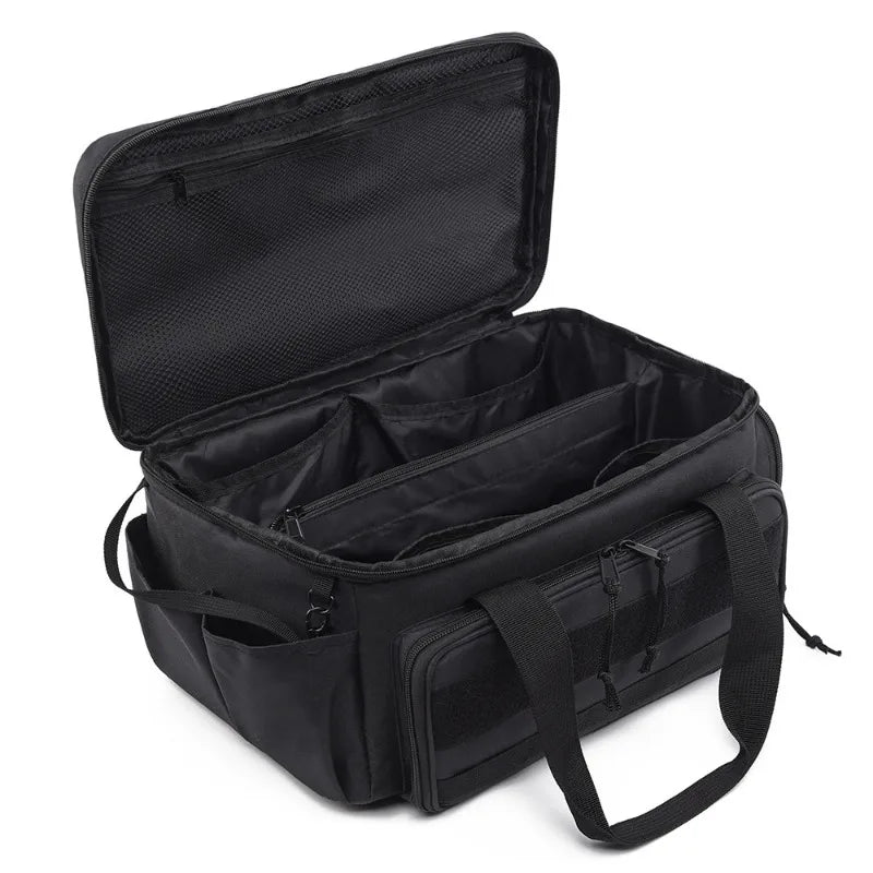 Black heavy duty tool bag with a lid open showing interior organization and a shoulder strap