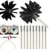 A set of flexible chimney and dryer vent cleaning brushes, including a black scrubbing brush and several white cleaning rods.