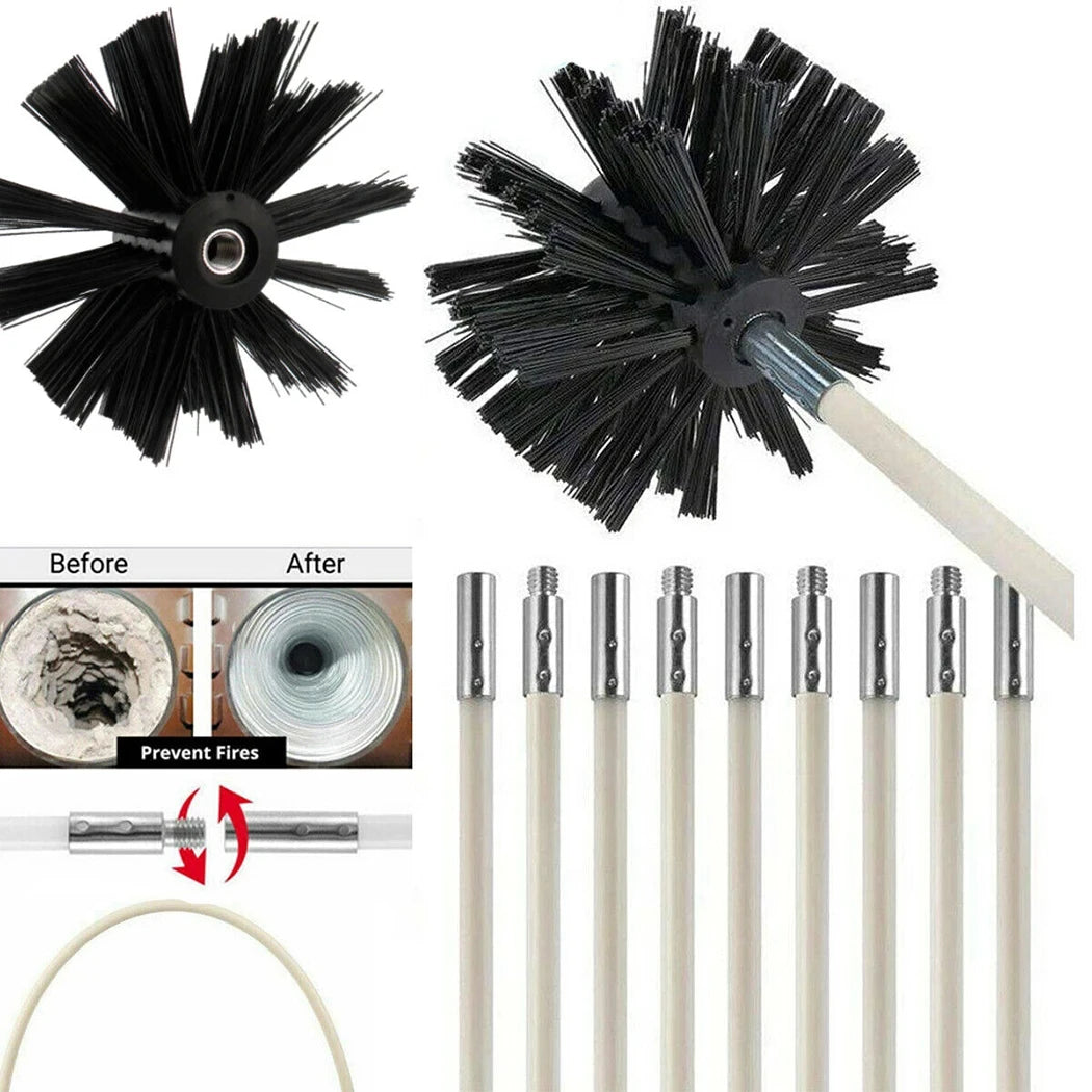 A set of flexible chimney and dryer vent cleaning brushes, including a black scrubbing brush and several white cleaning rods.