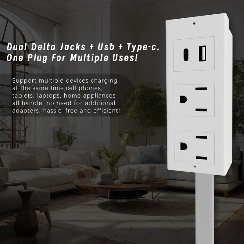 A white rotating wall outlet extender with dual delta jacks and USB ports shown in a modern living room setting.