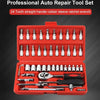A red professional auto repair tool set containing 24 tooth straight handle rubber sleeve ratchet wrenches and various socket