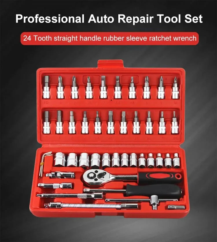 A red professional auto repair tool set containing 24 tooth straight handle rubber sleeve ratchet wrenches and various socket
