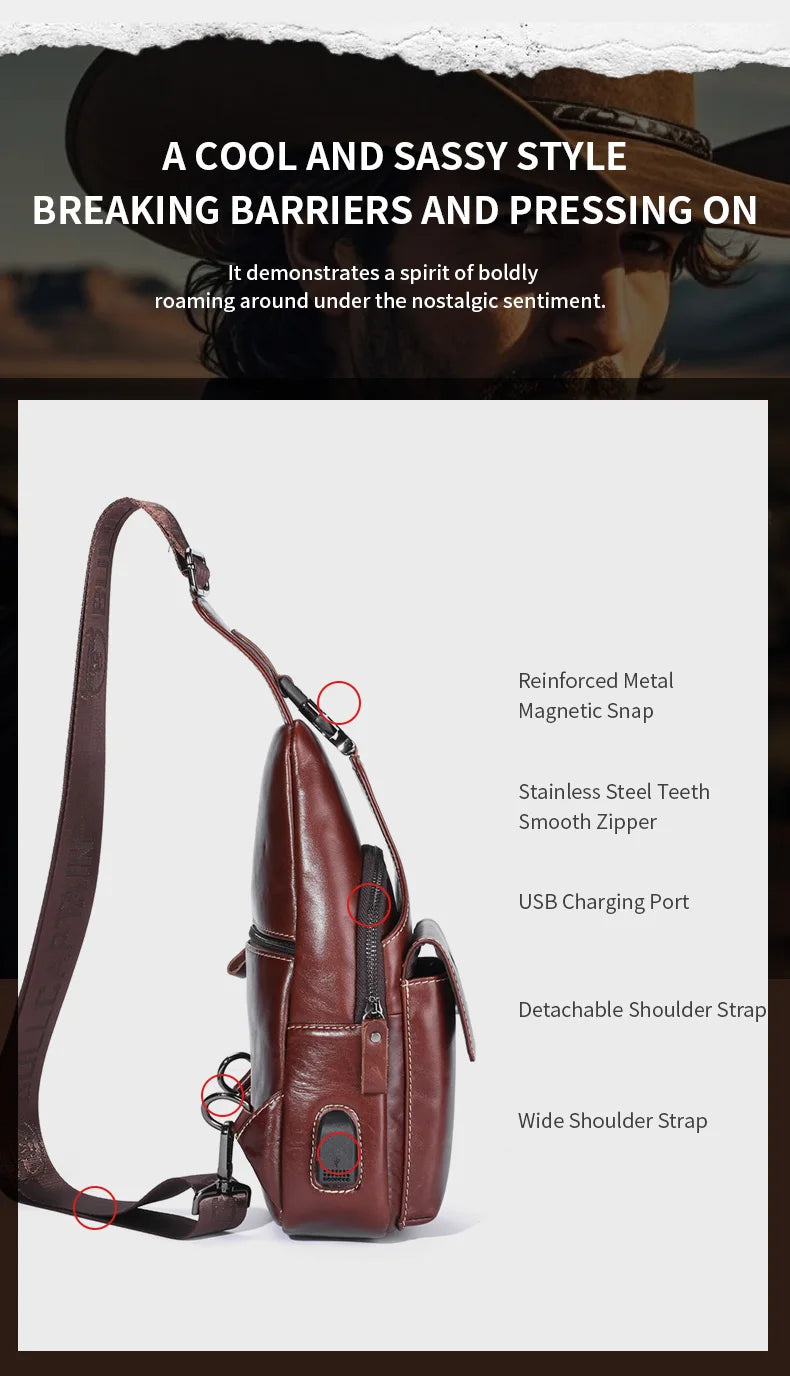 Men's Genuine Leather Sling Backpack with USB Charging Port
