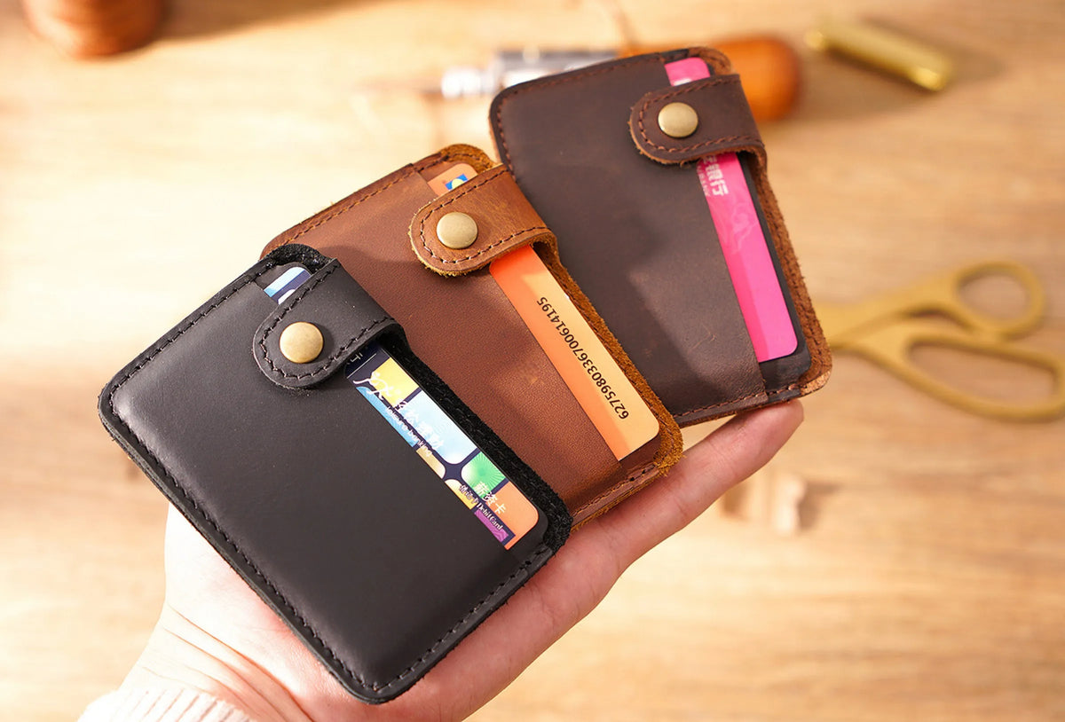 Vintage Leather Slim Card Holder with Snap Closure