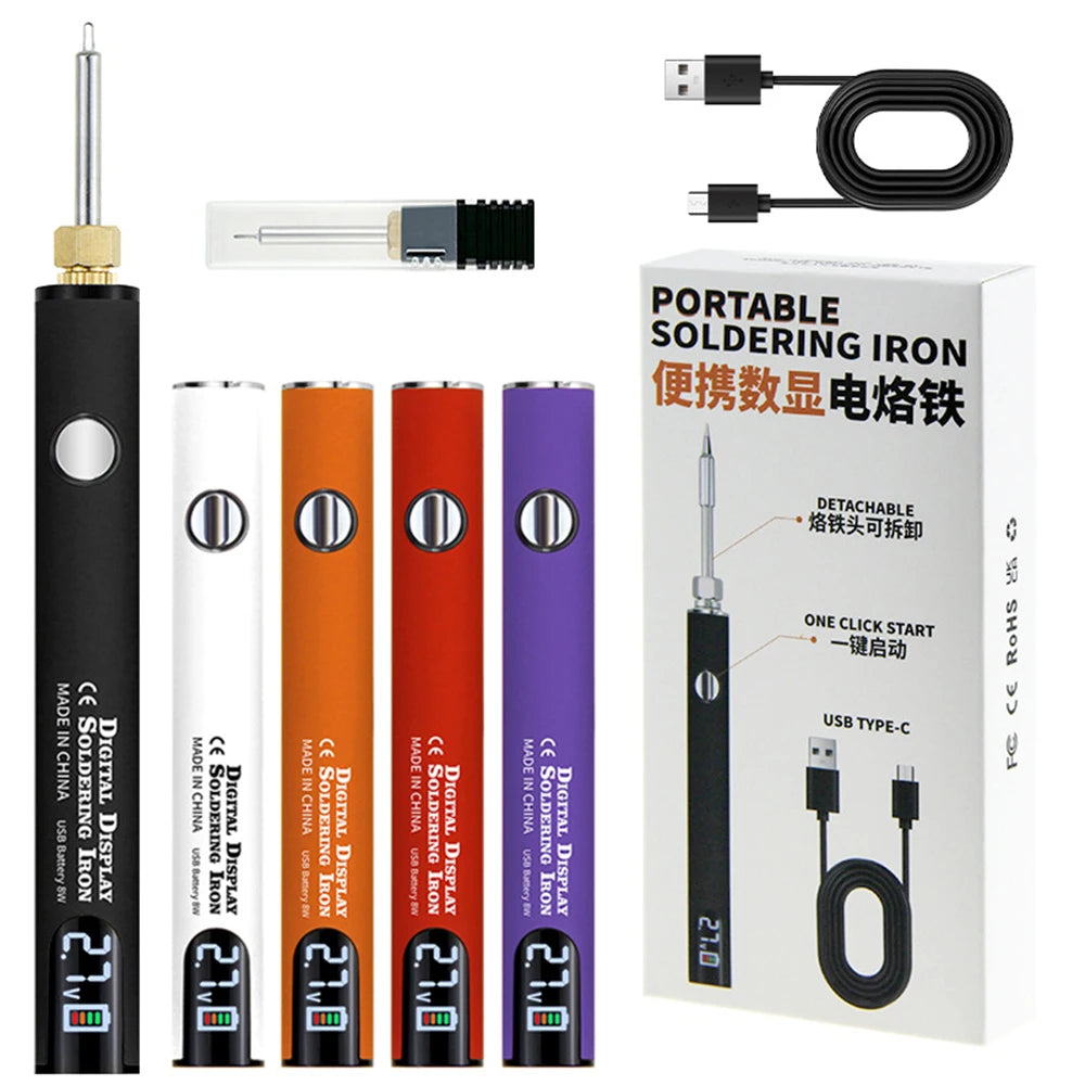 Portable digital soldering iron pen with USB charging cable and iron tip shown in a box.