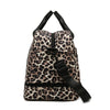 Schwarze Leopard-Print-Reise- und Gym-Duffeltasche mit schwarzen Riemen.