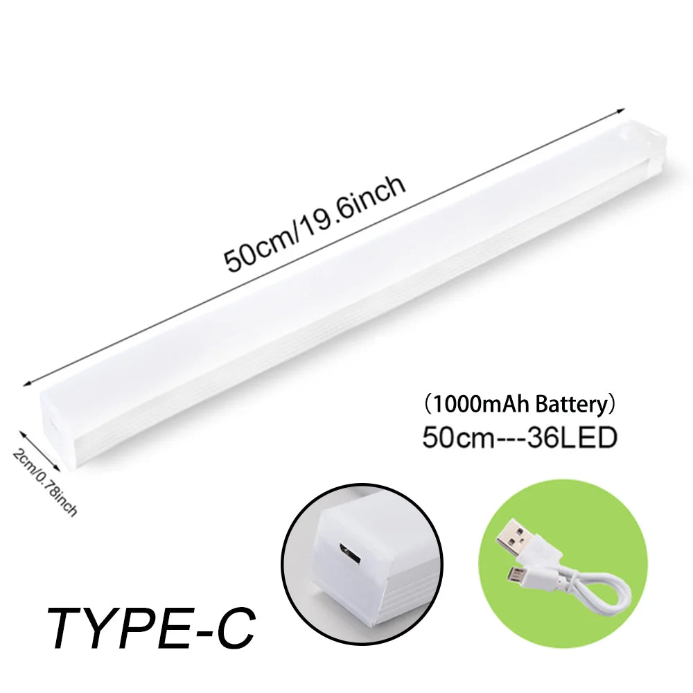 A white LED light bar with a Type-C cable and 1000mAh battery, measuring 50cm long.