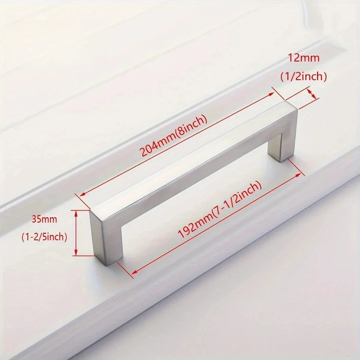 Edelstahl-Schrankgriff mit Maßen 204 mm lang und 12 mm hoch in Seitenansicht.