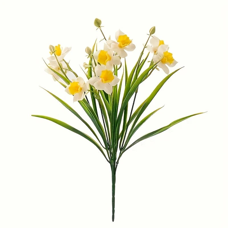 A bouquet of realistic artificial daffodil flowers with yellow and white petals on green stems.
