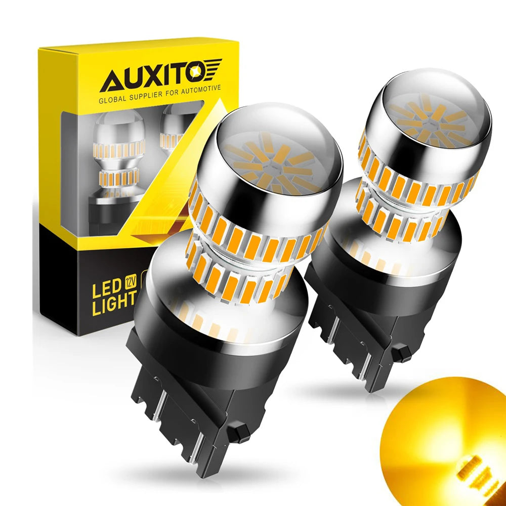 A box of AUXITO LED light bulbs for automotive use, showing various types of headlight bulbs.