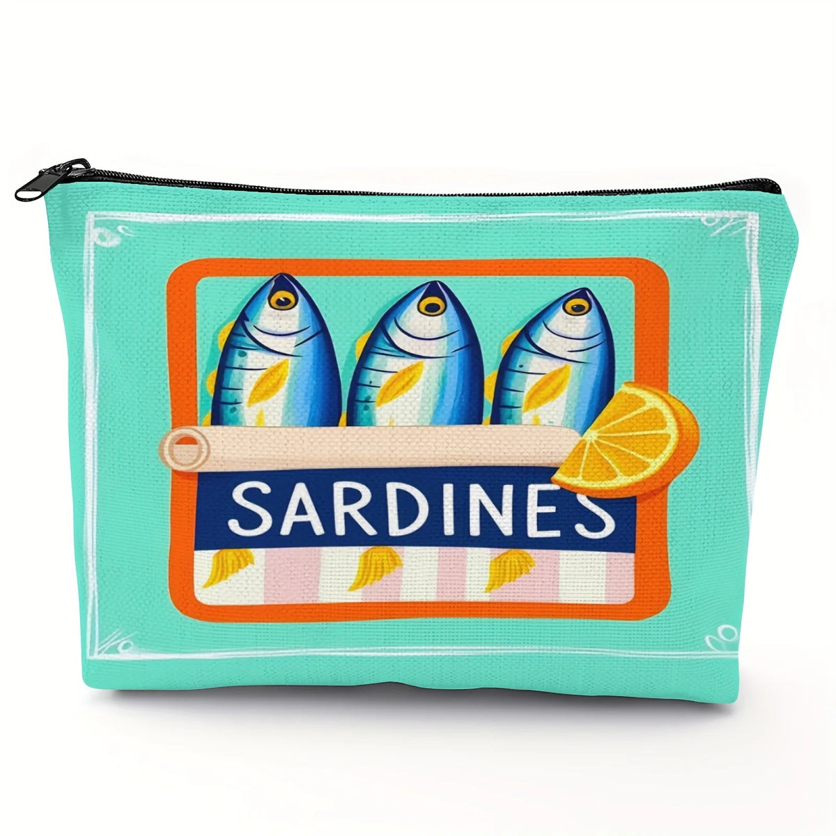 Pochette zippée bleu sarcelle avec illustration vintage de trois sardines et le mot Sardines.