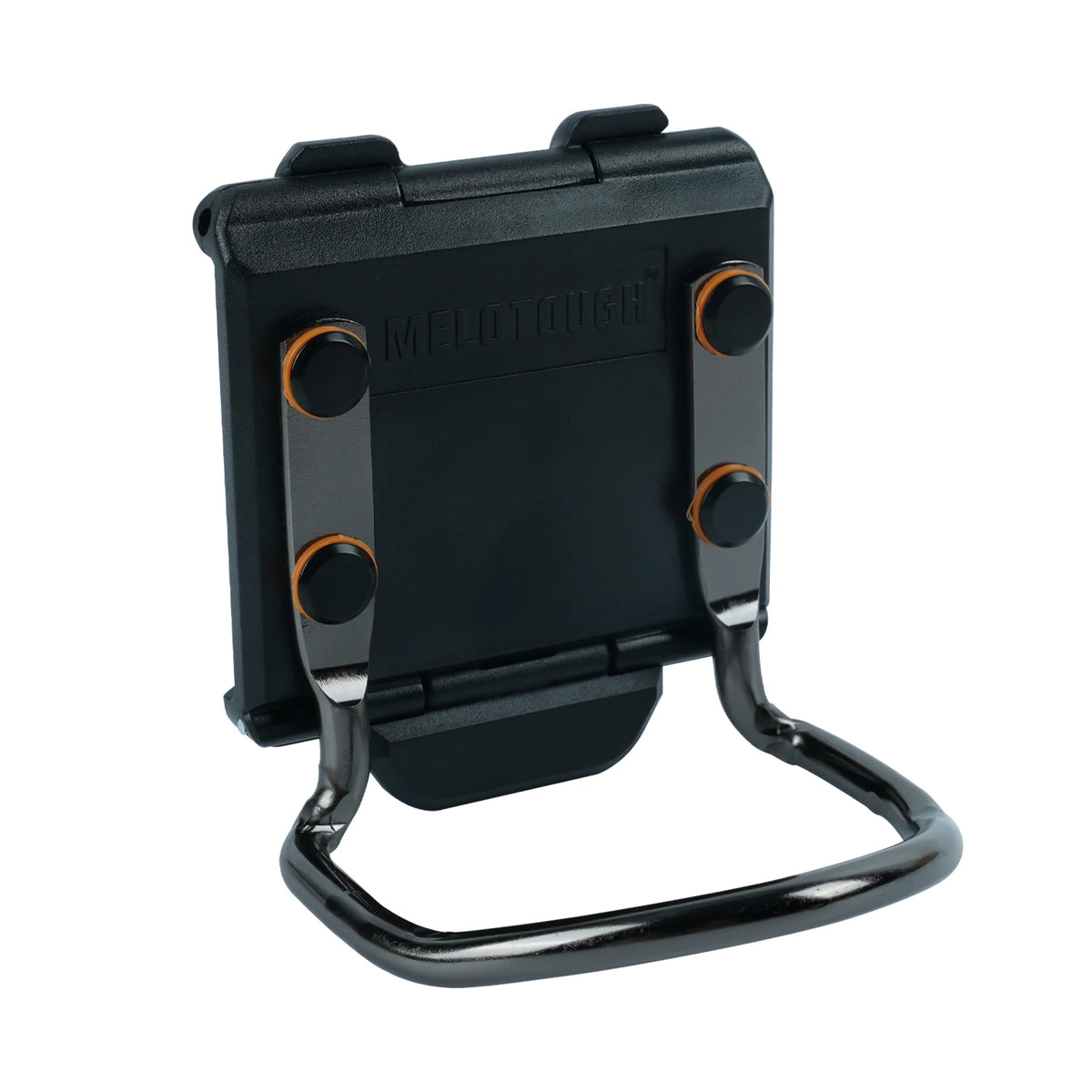 A black durable hammer holder clamp with a curved metal handle.