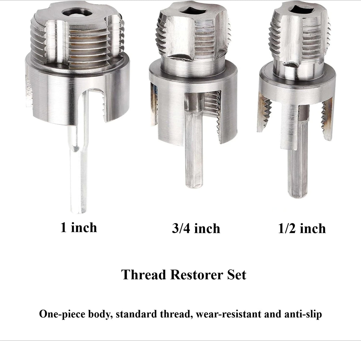 Thread Restorer Set showing 1 inch, 3/4 inch, and 1/2 inch pipe thread repair tools.