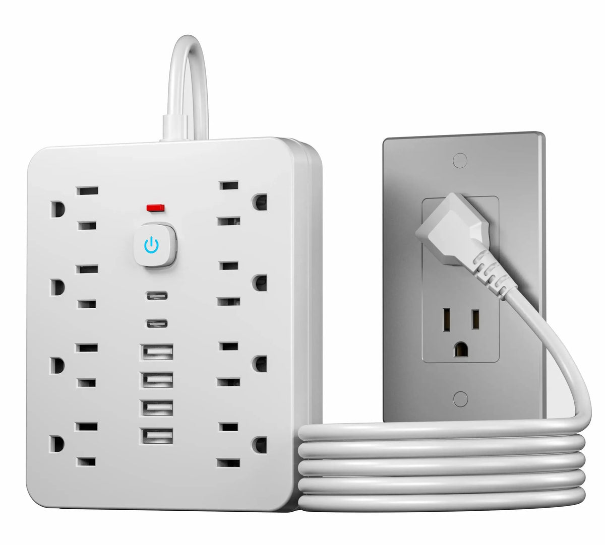 A white 8-outlet surge protector power strip with six USB ports and a coiled cord.