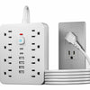 A white 8-outlet surge protector power strip with six USB ports and a coiled cord.