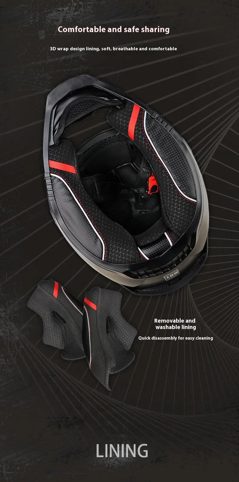 Black full-face motorcycle helmet showing removable breathable lining and padding.