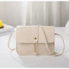 A beige compact crossbody handbag with a gold-tone chain charm is displayed on a white surface.