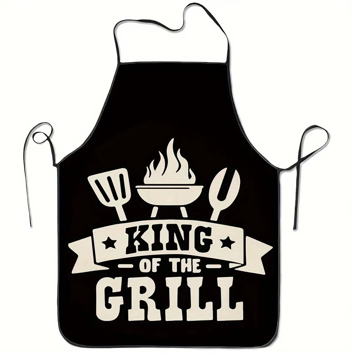 Black apron with a flame graphic and the text KING OF THE GRILL