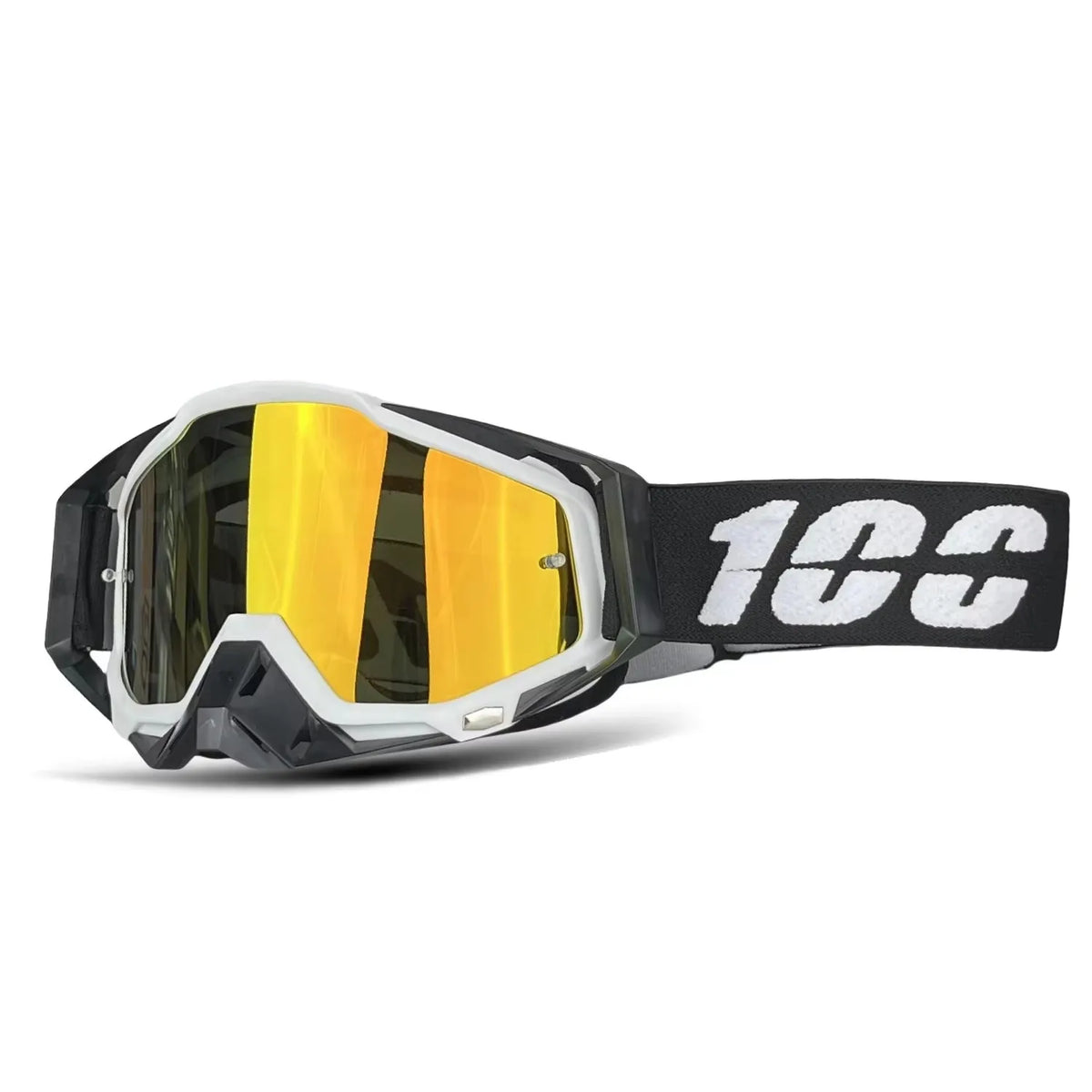 A pair of black off-road motorcycle goggles with yellow tinted lenses and a black strap.