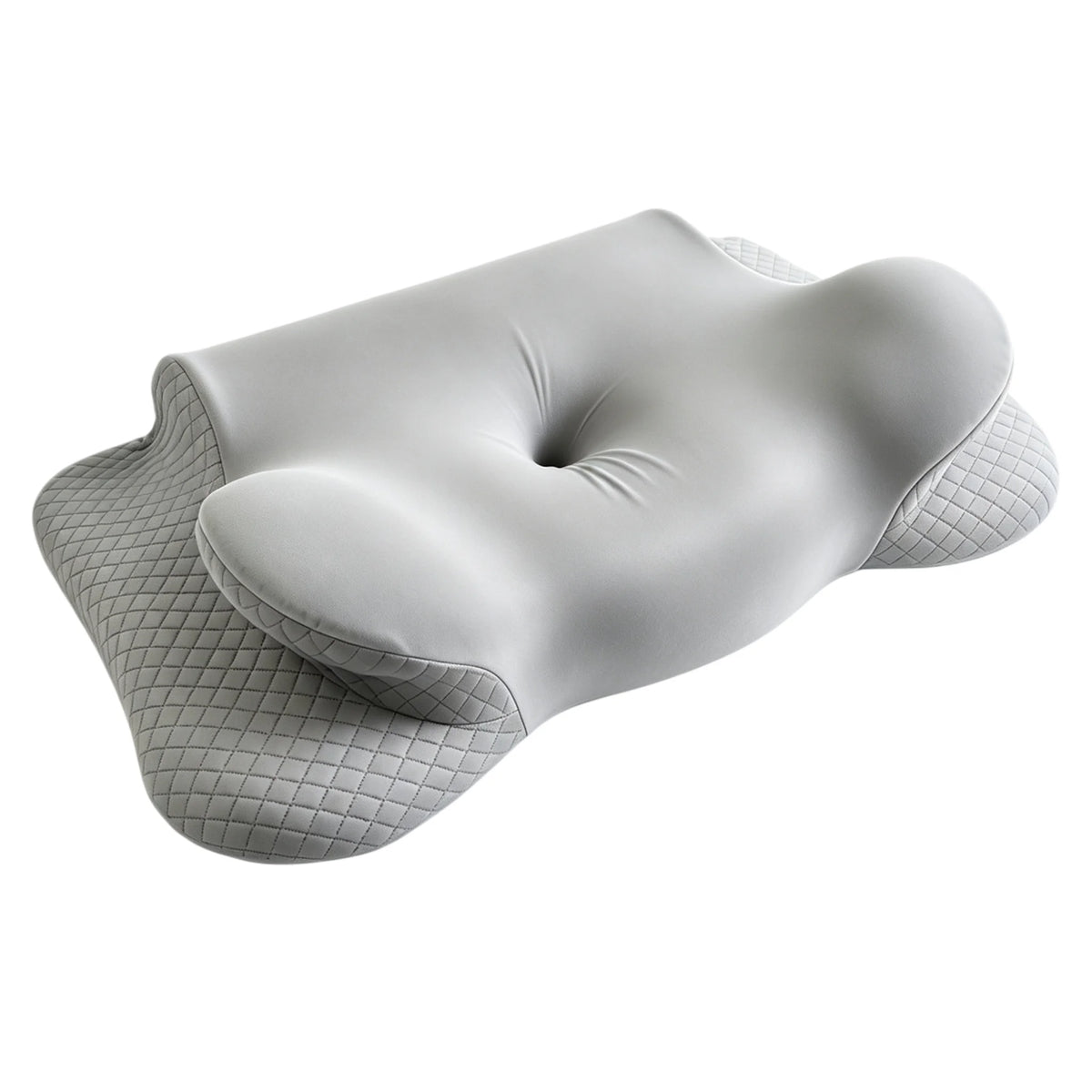 A gray butterfly contour memory foam pillow is shown from above, highlighting its soft, sculpted shape.