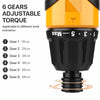 Close-up of an orange and black cordless electric screwdriver with six adjustable torque gears visible.