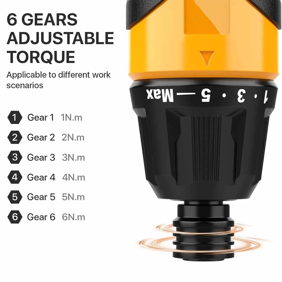Close-up of an orange and black cordless electric screwdriver with six adjustable torque gears visible.