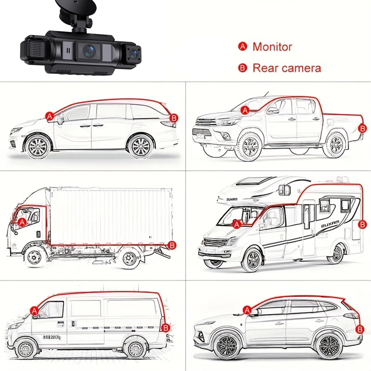 Diagrams showing various vehicle types and a camera unit for a 4-Channel WiFi Dash Cam.