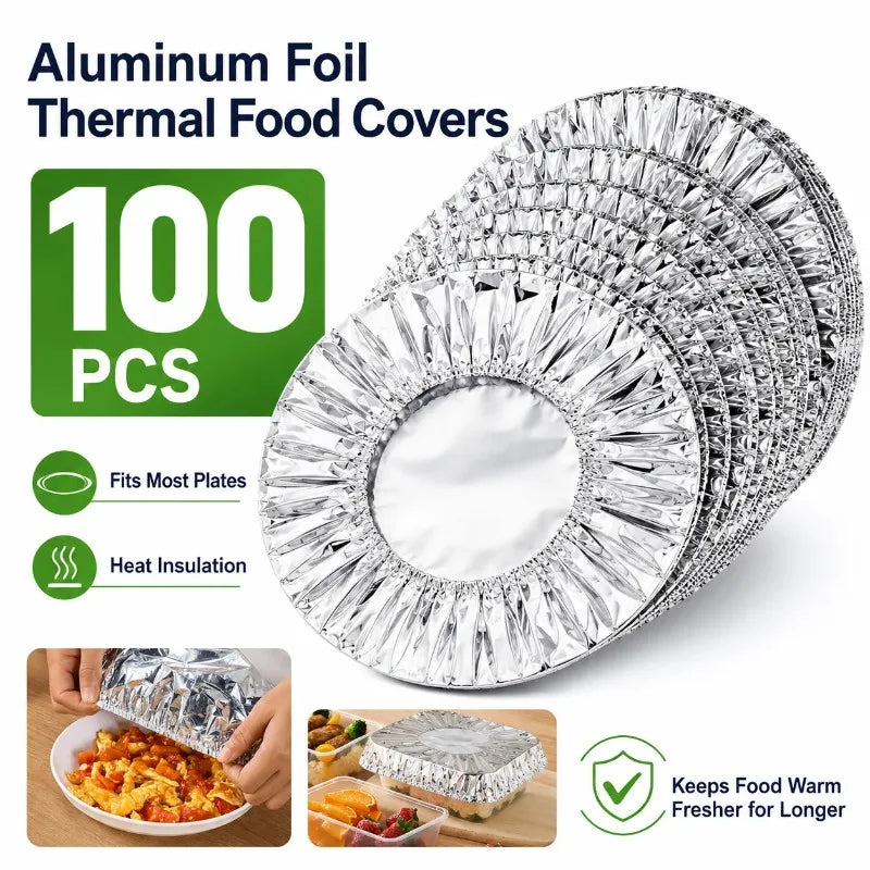 A stack of 100 aluminum foil thermal food covers designed for heat insulation and keeping food warm.