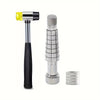 A silver ring expander and sizing kit with a hammer tool.