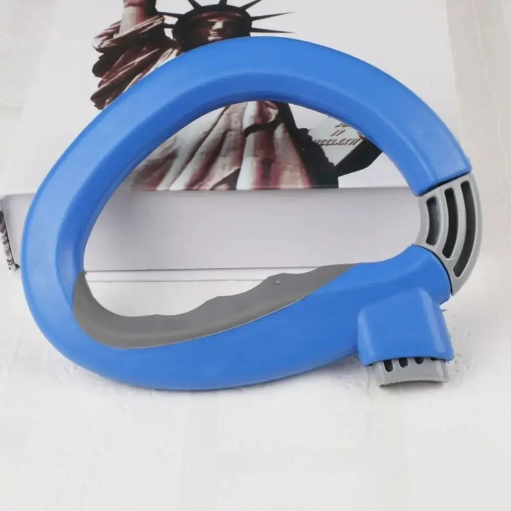Blue ergonomic grocery bag carrier with a soft-grip handle shown against a white background.