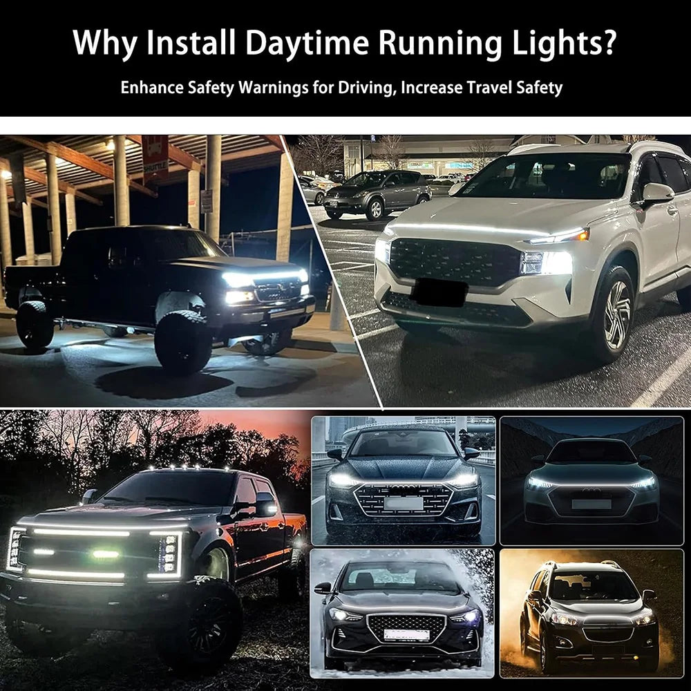 Various vehicles showcasing dynamic scan LED hood light strips for enhanced visibility.