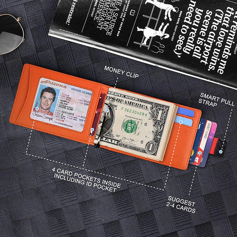 An orange slim wallet with card slots and a money clip is shown on a dark textured surface.