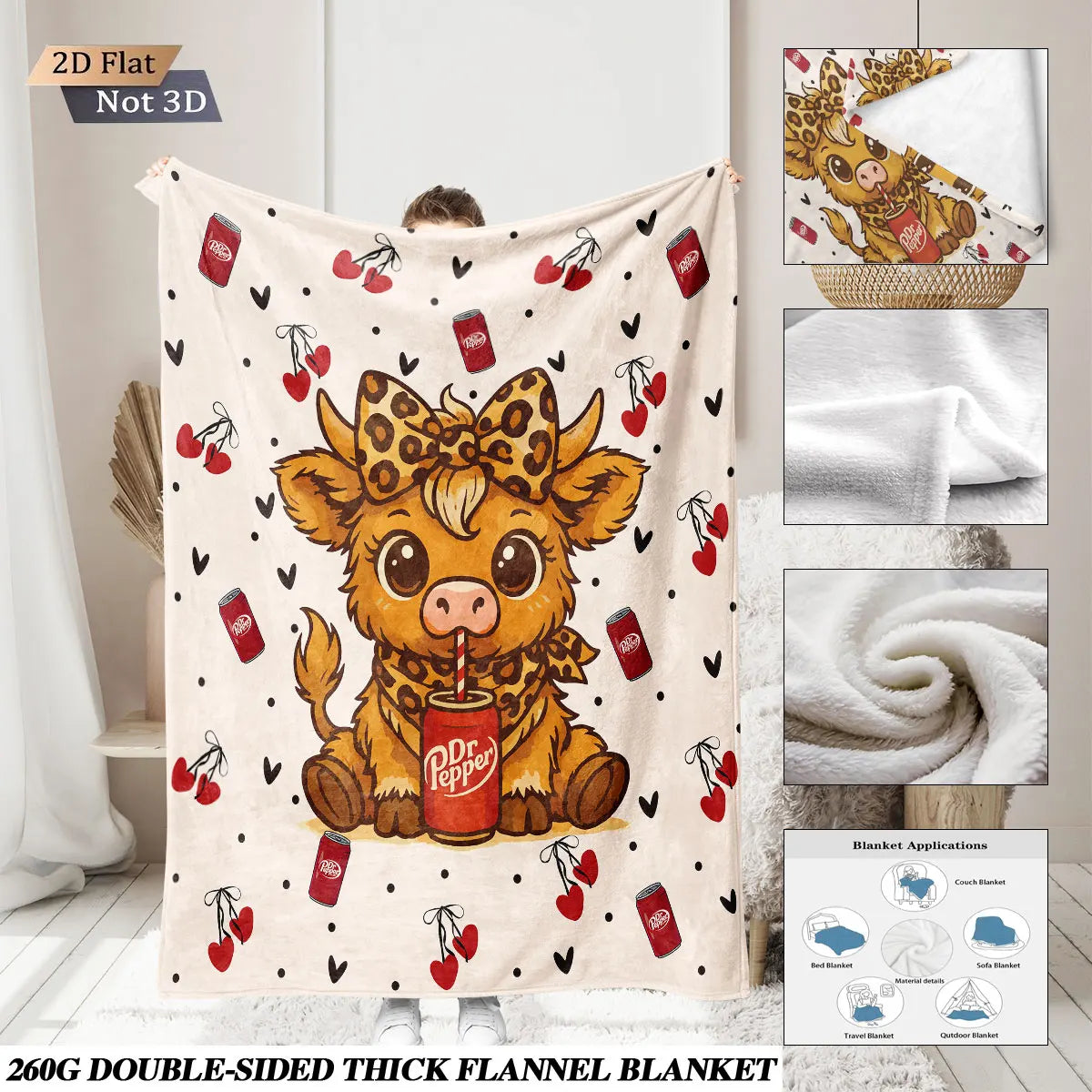Cartoon Highland Cow Print Flannel Blanket