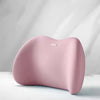 A pink memory foam car headrest and lumbar support pillow set resting on a white surface.