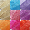 A collection of colorful beaded threads in various shades including beige, blue, purple, pink, and orange.