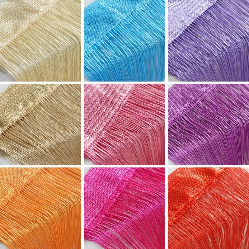 A collection of colorful beaded threads in various shades including beige, blue, purple, pink, and orange.