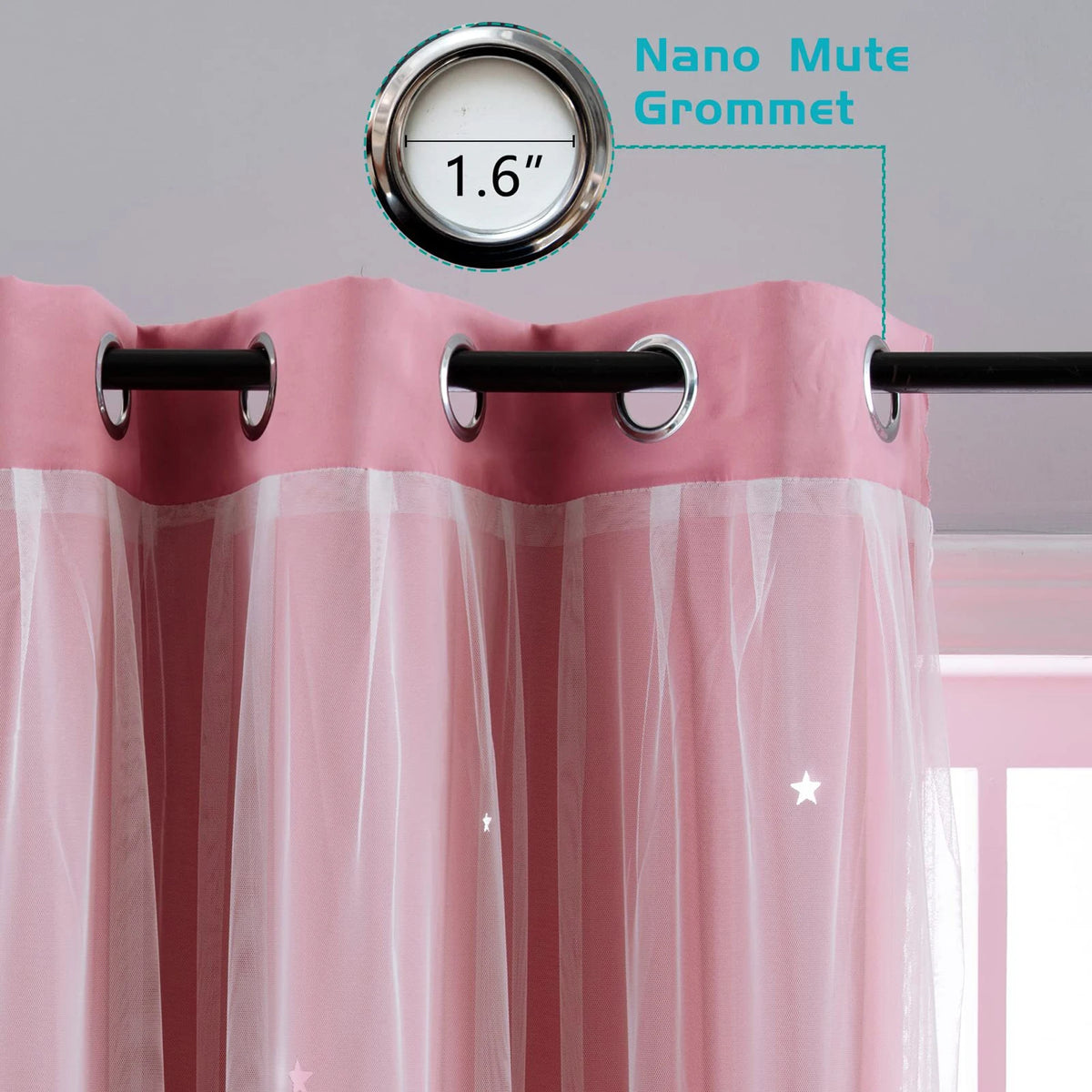 Pinkes Luxus-Doppelschicht-Abdunklungsvorhang mit sichtbarem Nano-Mute-Grommet oben.