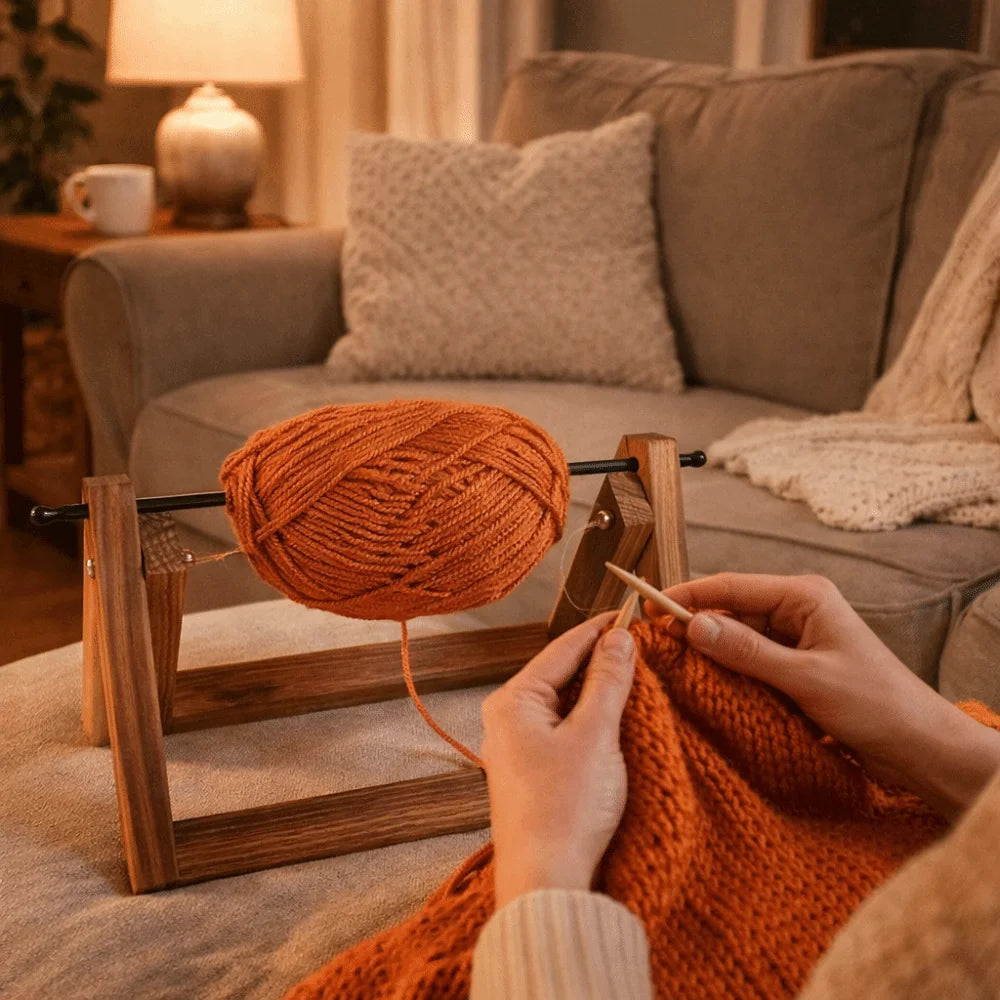 Hands holding an orange knitted item next to a wooden yarn ball holder on a sofa.