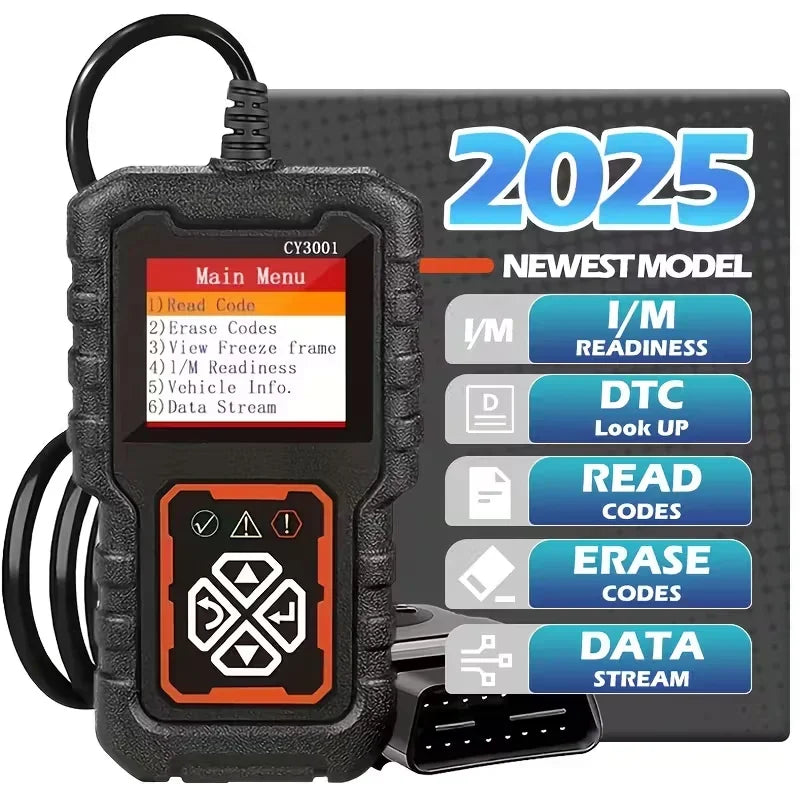 An OBD2 diagnostic scanner tool with a black casing and a screen displaying various menu options for reading and erasing code