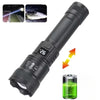 A black rechargeable LED flashlight with a telescopic zoom lens and multiple light modes is shown alongside a glass of green 
