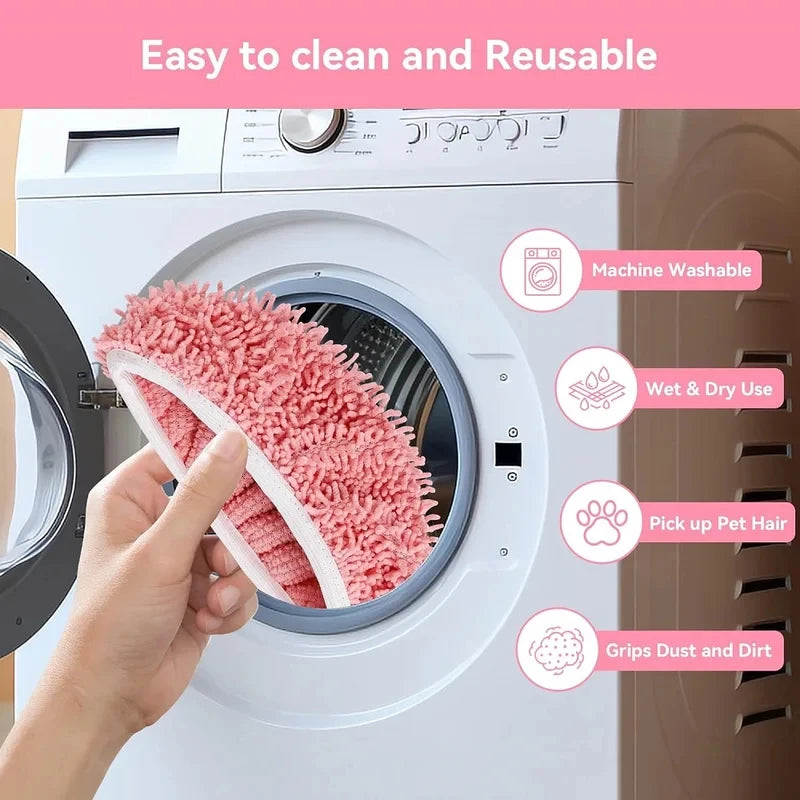 A hand is shown inserting a pink reusable microfiber mop pad into the cleaning compartment of a white washing machine.