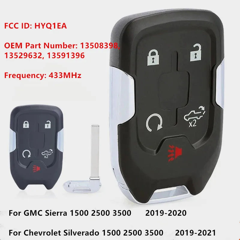 Black remote key fob for GMC Sierra and Chevrolet Silverado models, featuring a 5-button design.