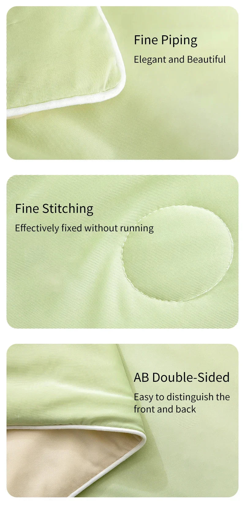 Close-up details of a light green ice silk quilt showing fine piping, fine stitching, and an AB double-sided construction.