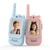 A pair of pink and light blue kids video walkie talkies with HD cameras shown side by side.